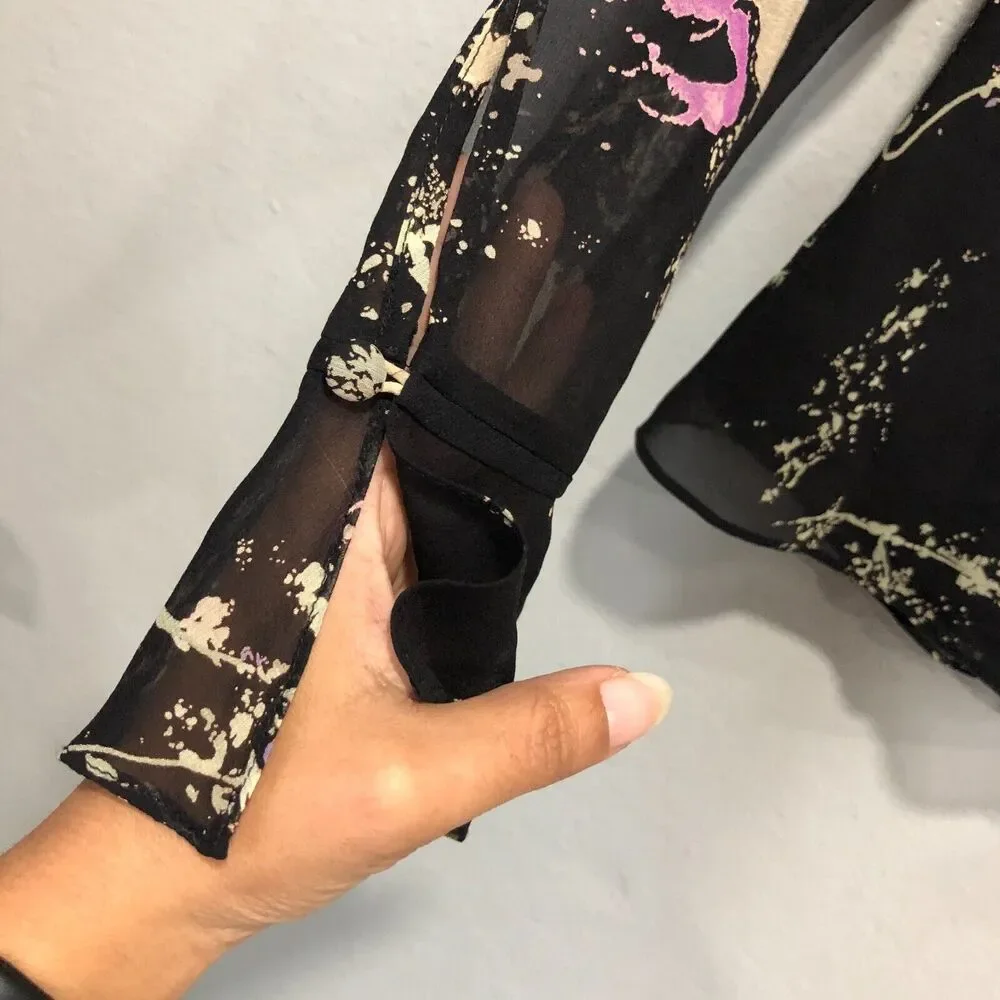 ann taylor 100% silk top xs small black leaves splat sheer chiffon dressy chic - Picture 10 of 14